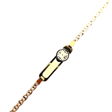 Original pulsera de bebe en oro 18kts con diseño reloj para  grabar la hora en que nacio. chapa mate satinada y pulsera eslavon 