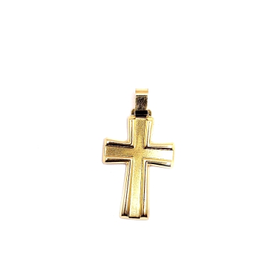 Cruz de oro 18kts, modelo simple y vistoso. Cruz lisa combinada en tono oro mate y brillo, Reasa fuerte rectangular. La cruz mid