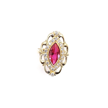 Espectacular anillo femenino modelo lanzadera con piedra central color rubi y circonitas alrededor. talla 19. 5.70grs.