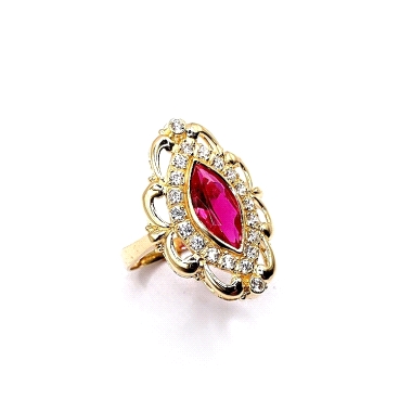 Espectacular anillo femenino modelo lanzadera con piedra central color rubi y circonitas alrededor. talla 19. 5.70grs.